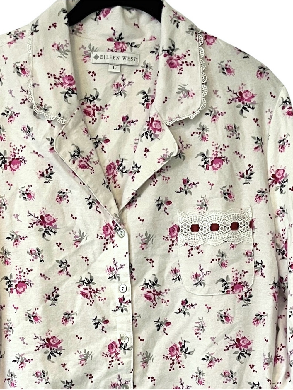 Eileen West Floral Flannel Nightgown Nightshirt Cottagecore L 100% Cotton